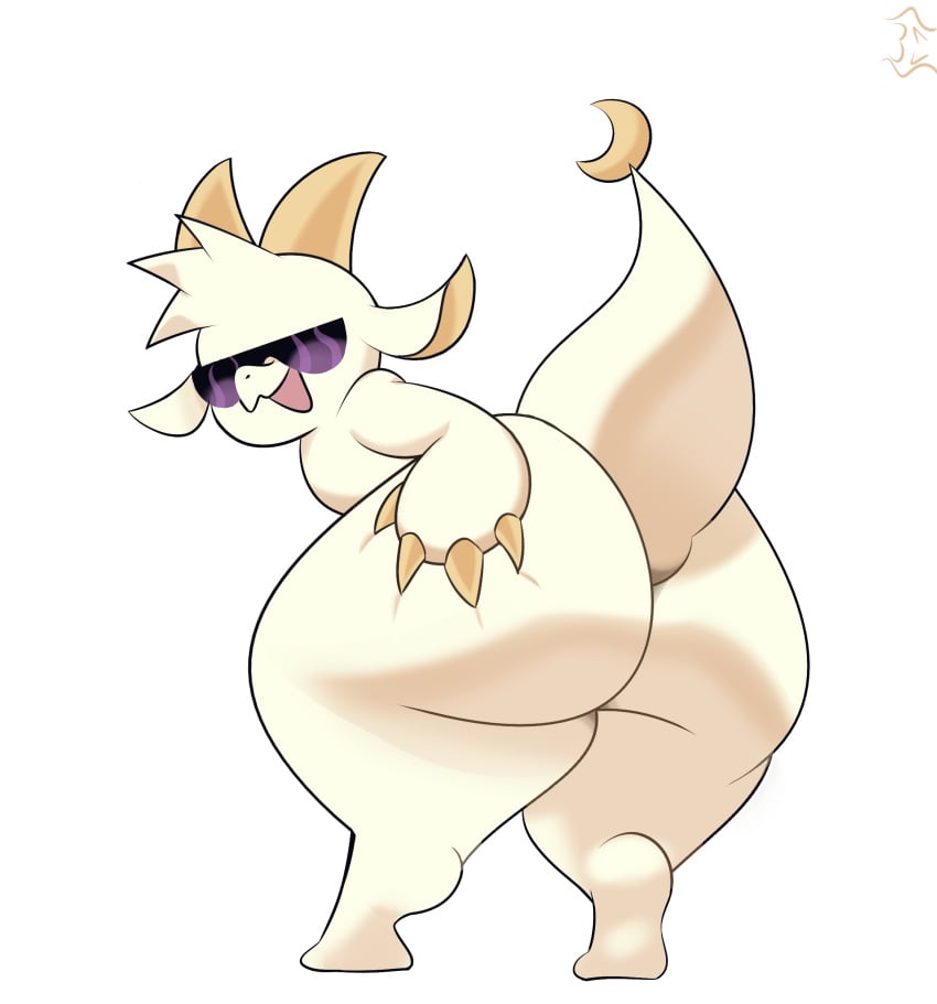 ambiguous_gender anthro ass chikn_nuggit dragon furry fwench_fwy_(chikn_nuggit) hand_on_ass hips horn horns large_ass looking_at_viewer looking_back nude nude_ambiguous nude_anthro robnashe shades sunglasses tail thick_thighs thighs white_fur white_hair wide_hips