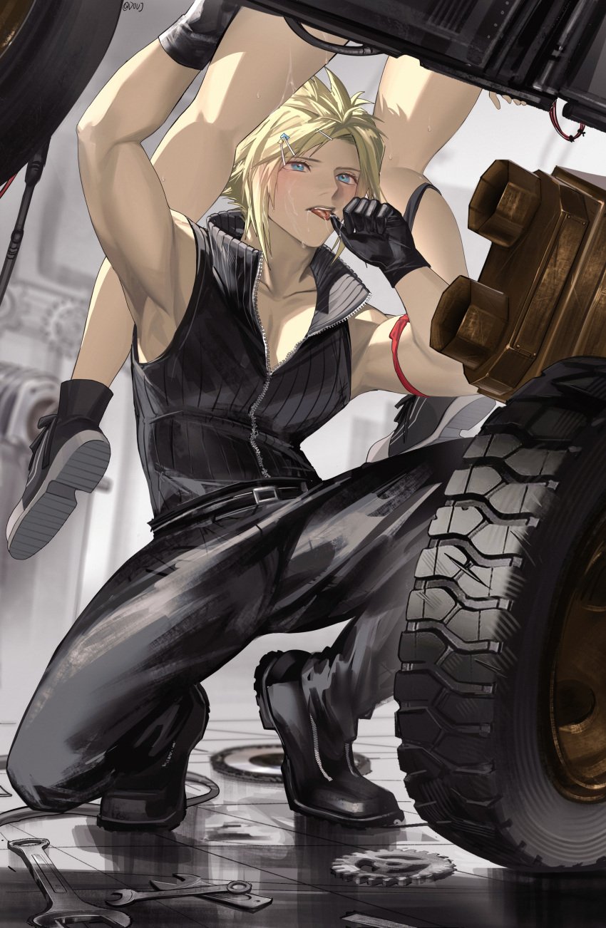 1boy absurdres after_cunnilingus arm_ribbon arm_up bare_legs bare_shoulders belt belt_buckle black_footwear black_gloves black_panties black_pants blonde_hair blue_eyes blush buckle chinese_commentary cloud_strife collarbone commentary couple duoj_ji female final_fantasy final_fantasy_vii final_fantasy_vii_advent_children gears gloves ground_vehicle hair_ornament hairclip high_collar highres holding implied_cunnilingus indoors male motor_vehicle motorcycle panties panties_around_one_leg pants pussy_juice red_ribbon ribbon sitting sleeveless spiked_hair squatting straight tifa_lockhart tongue tongue_out tools underwear