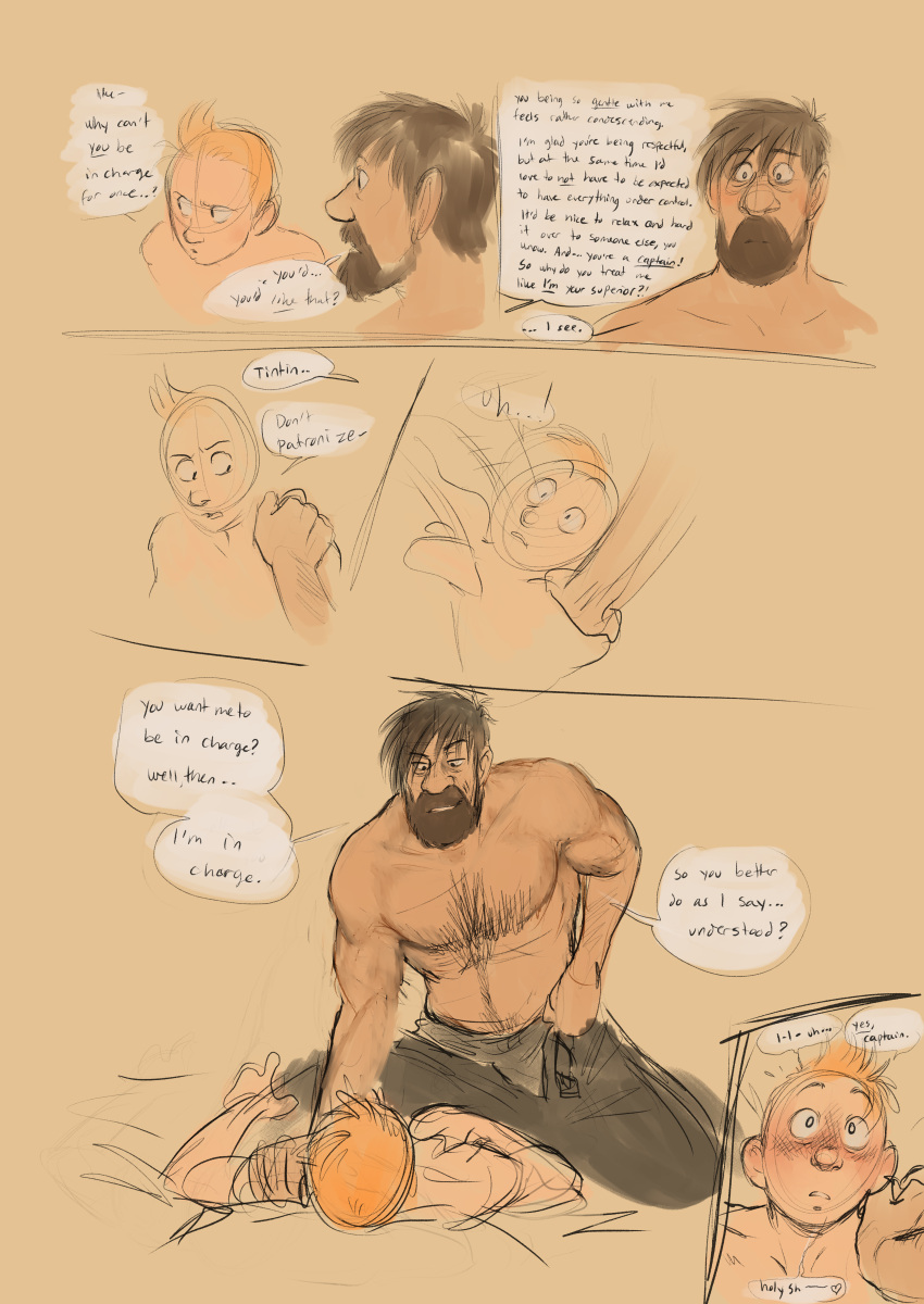 2boys bara beard black_hair bulge captain_haddock chest_hair facial_hair gay hads half-dressed male_only muscles muscular muscular_male no_visible_genitalia pubes pubic_hair short_hair size_difference the_adventures_of_tintin tintin