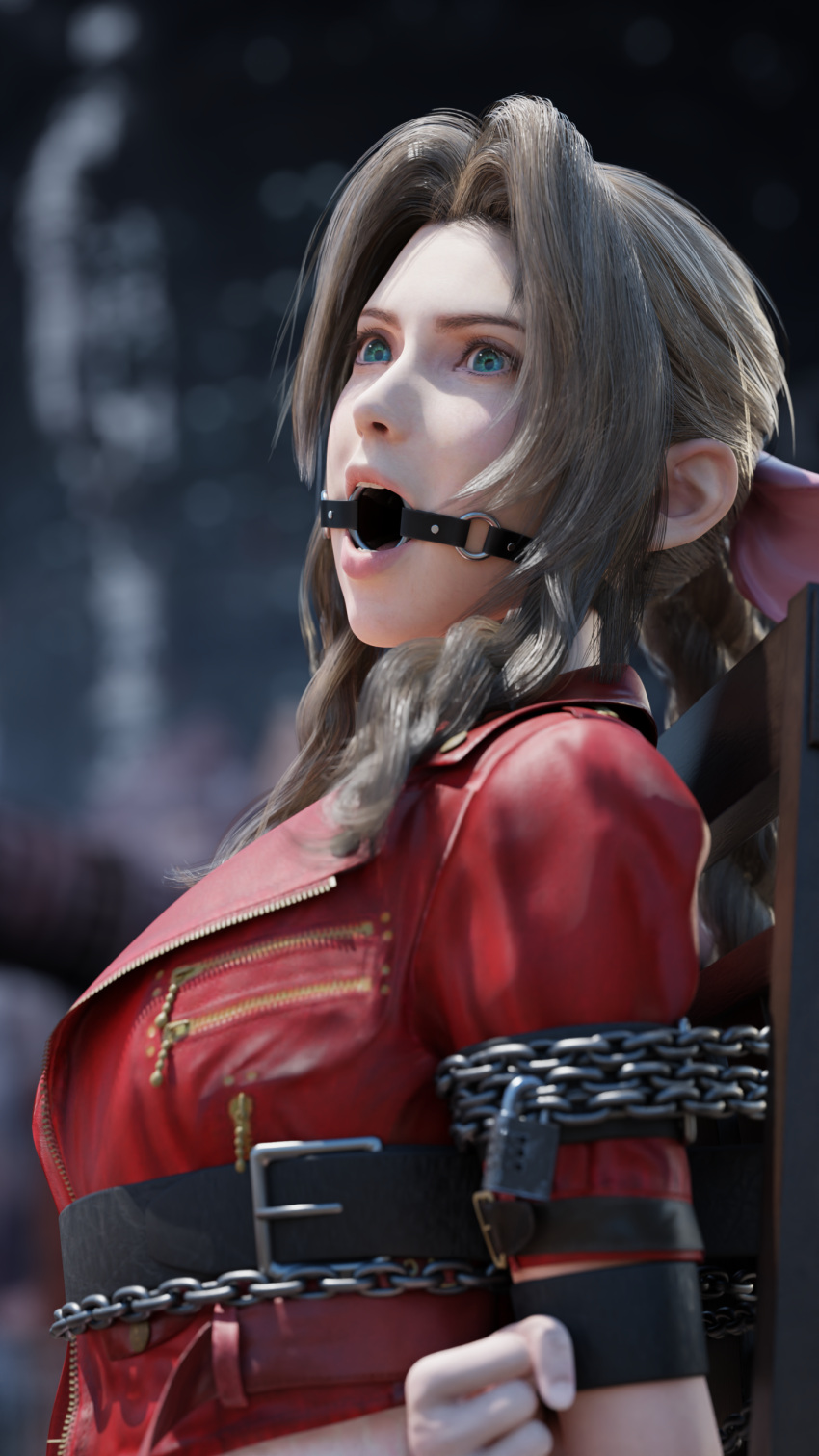 3d aerith_gainsborough arms_behind_back bondage bound bound_ankles bound_arms bound_legs brown_hair chained chains chair clothed_bondage dress female femsub final_fantasy final_fantasy_vii final_fantasy_vii_remake fully_clothed gag gagged green_eyes long_hair open_mouth_gag restrained rindekey ring_gag sitting smooth_skin tied_to_chair tied_up