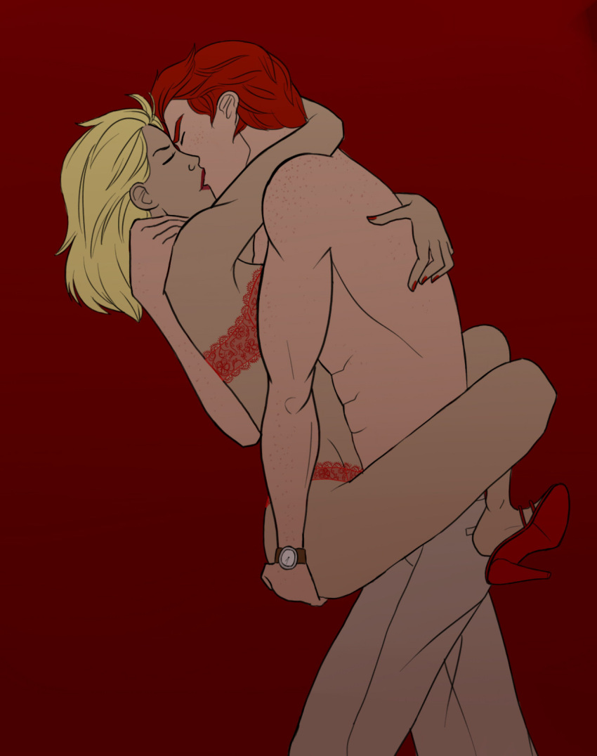 1boy 1girls arms_around_neck artemis_(dc) artemis_crock artist_request blonde_female blonde_hair carrying_partner dc dc_comics female ginger hand_on_ass high_heels kid_flash kissing lace-trimmed_panties lingerie male male/female red_lingerie red_lipstick shoes_on straight underwear wally_west young_justice