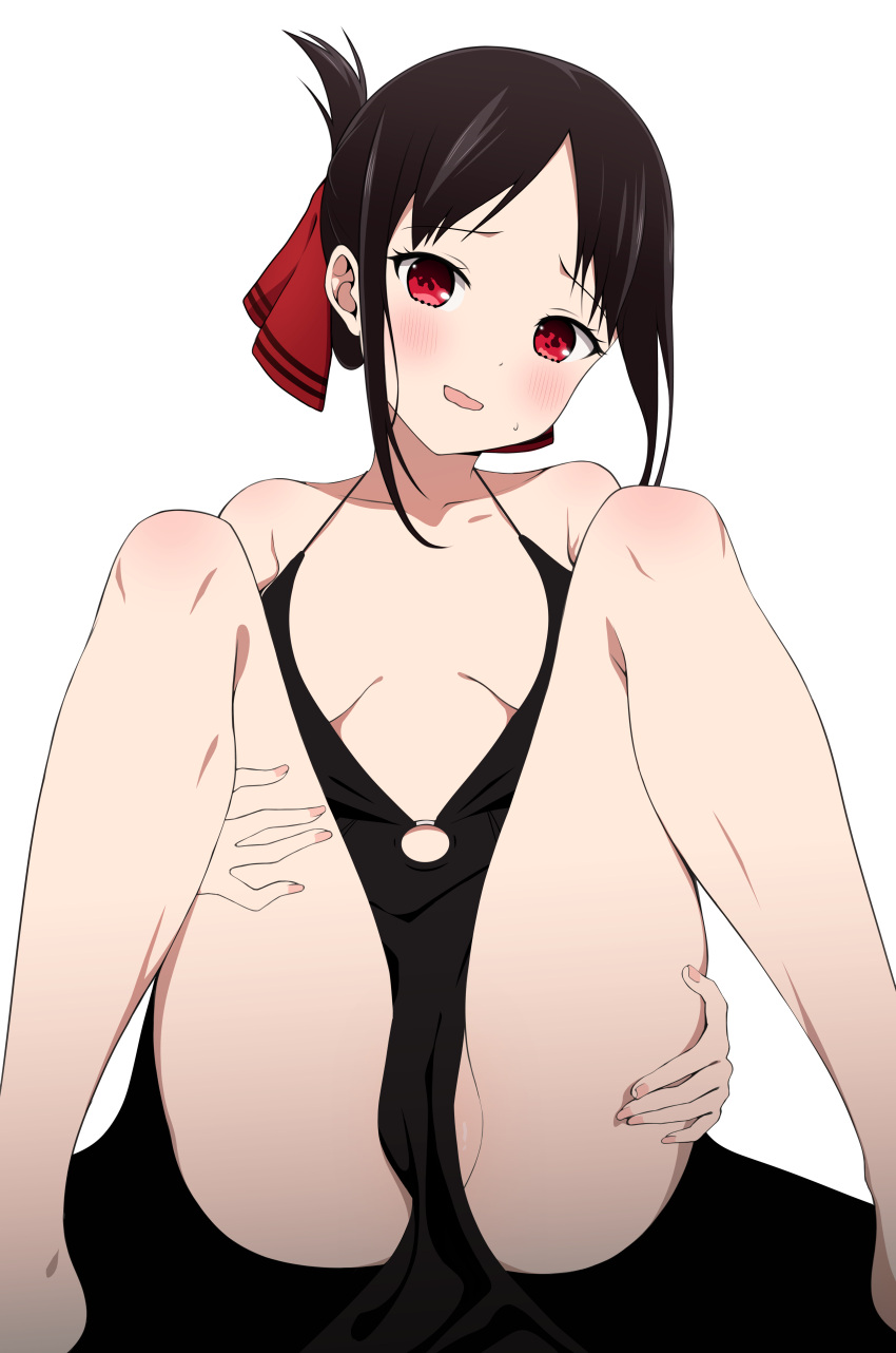 1girls accurate_art_style bare_shoulders black_dress black_hair blush breasts calves chest collarbone coro_fae dress dress_only embarrassed female female_only fingernails hair_ribbon hands_on_hips head_tilt highres kaguya-sama_wa_kokurasetai_~tensai-tachi_no_renai_zunousen~ knees legs light-skinned_female looking_at_viewer medium_breasts nail_polish no_bra no_panties official_style open_mouth pink_nails red_eyes shinomiya_kaguya solo spread_legs sweatdrop tied_hair wavy_mouth white_background