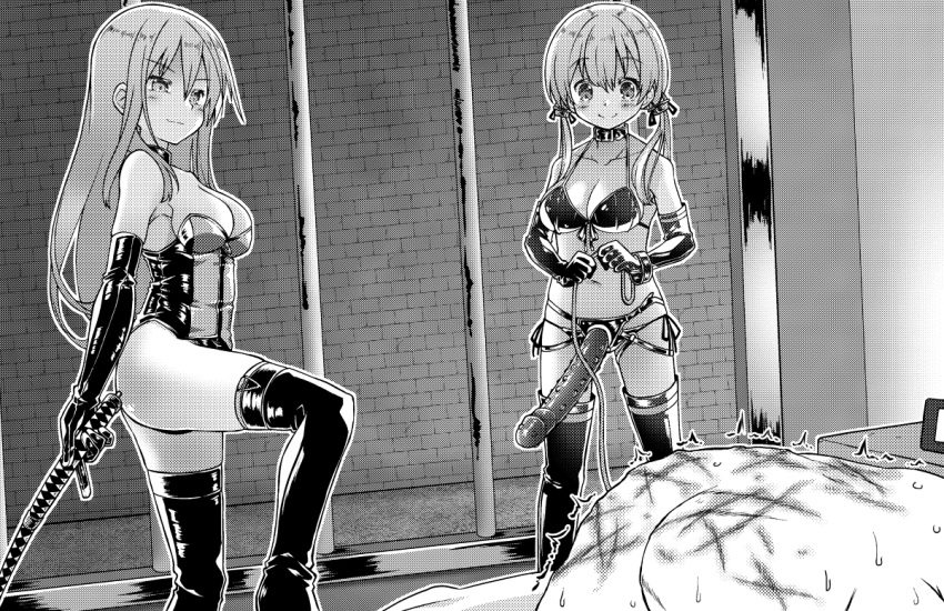 2girls bondage bra breasts brick_wall cell_bars choker dominatrix elbow_gloves gin_(shioyude) gloves hair_scrunchie holding_whip leash leotard long_hair medium_breasts midriff monochrome navel original panties strap-on strapon studded_dildo thighhigh_boots twintails whip