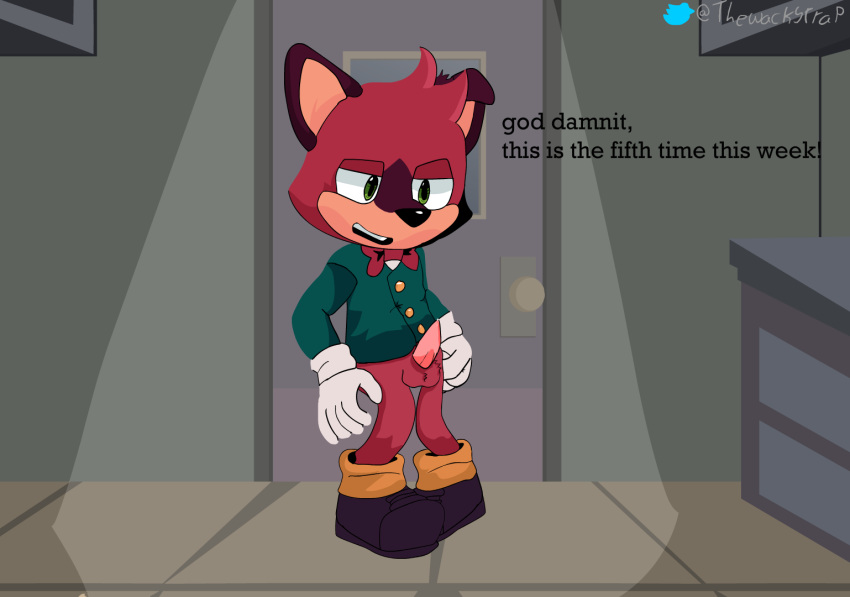 2023 anthro barry_the_quokka bodily_fluids bow_tie crossed_legs cum cum_drip dripping erection genital_fluids genitals green_eyes macropod male mammal maroon_fur marsupial penis quokka sega solo sonic_(series) sonic_the_hedgehog_(series) text th3wackytrap the_murder_of_sonic_the_hedgehog