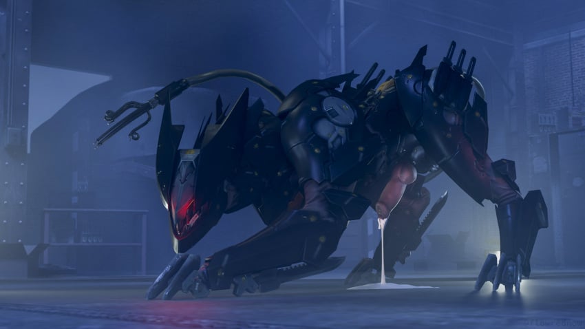 blade blade_wolf bodily_fluids canid canine canis claws cum cybernetics cyborg ejaculation erection feral gear genital_fluids genitals glowing glowing_eyes hi_res knot konami machine mammal mecha metal metal_gear metal_gear_rising metal_gear_rising:_revengeance penis puddle rising robot russy_(artist) wolf