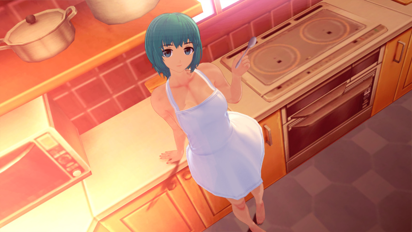 1girls 3d alternate_version_available kitchen koikatsu light-skinned_female light_skin long_hair looking_at_viewer looking_up naked_apron partially_clothed sei_asagiri smile solo solo_female solo_focus spiritofrei teal_hair va-11_hall-a