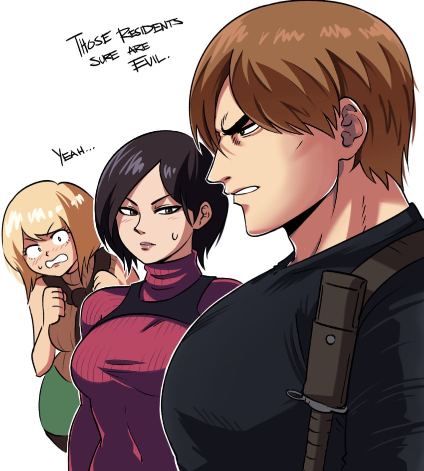 1boy 2girls ada_wong ada_wong_(adriana) ashley_graham ashley_graham_(ella_freya) black_hair blonde_hair blush blush_lines brown_hair capcom catfish clothed clothed_female clothed_male clothing dialogue english_text female girl_staring_at_guy's_chest leon_scott_kennedy leon_scott_kennedy_(eduard_badaluta) meme multiple_girls pecs resident_evil resident_evil_4 resident_evil_4_remake short_hair side_view text tinafate1