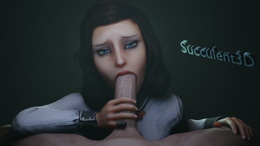 1boy 1girls 3d bioshock bioshock_infinite black_hair blowjob blue_eyes burial_at_sea elizabeth_comstock fellatio female female_focus long_hair male_pov oral oral_penetration oral_sex penis penis_grab pov sex shirt succulent3d tagme