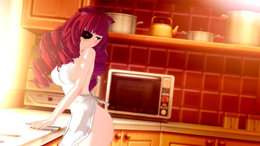 1girls 3d ass cat_ears cybernetic_eye fuuturewurld kitchen koikatsu light-skinned_female light_skin long_hair looking_back naked_apron red_eyes solo solo_female solo_focus stella_hoshii va-11_hall-a