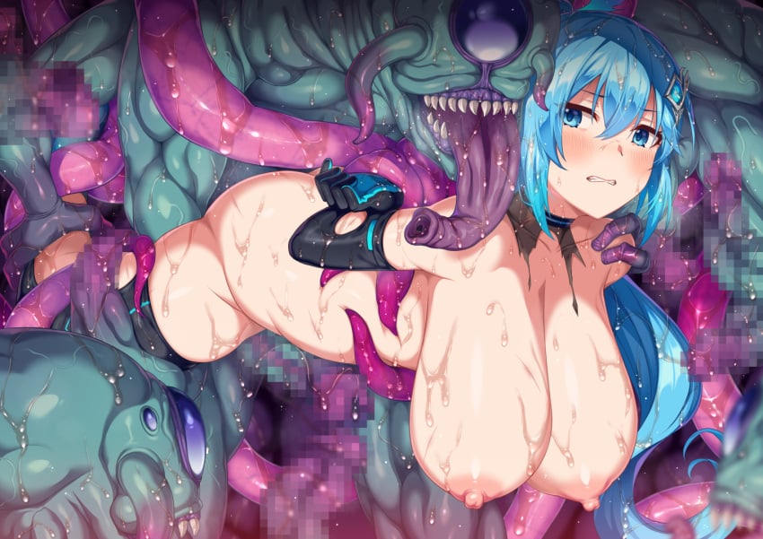 arms_behind_back black_gloves black_thighhighs blue_eyes blue_hair blush breasts censored character_request clenched_teeth copyright_request elbow_gloves erection female gloves hair_ornament hanging_breasts horosuke horosuke_(toot08) imminent_penetration large_breasts long_hair monster mosaic_censoring multiple_boys multiple_penises nipples nude open_mouth penis ponytail restrained sidelocks straight sweat teeth tentacle thighhighs tongue tongue_out