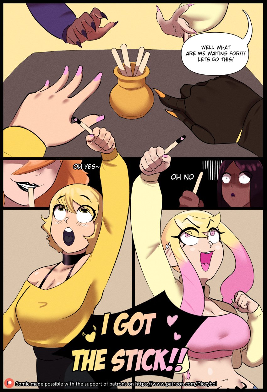 age_difference bimbo blonde_hair cayleb_(diceyboi) claws comic comic_page dark-skinned_female dark_skin diceyboi female female/female female_focus gohma_(diceyboi) hands harper_(diceyboi) large_breasts lipstick mamma_(diceyboi) milf orange_hair painted_nails piercing shortstack size_difference talons thick_thighs