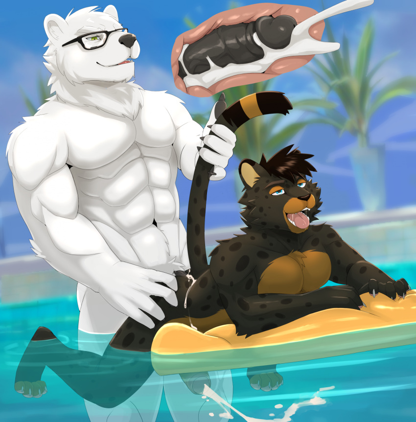 anthro bear black_body black_fur bodily_fluids cum cum_in_ass cum_inside cum_while_penetrated cumshot duo ejaculation eyewear felid feline fur genital_fluids glasses hi_res inflatable internal male male/male mammal neck_tuft outside partially_submerged penetration polar_bear pool_toy swimming_pool tuft ursine vitaly_(artist) water white_body white_fur