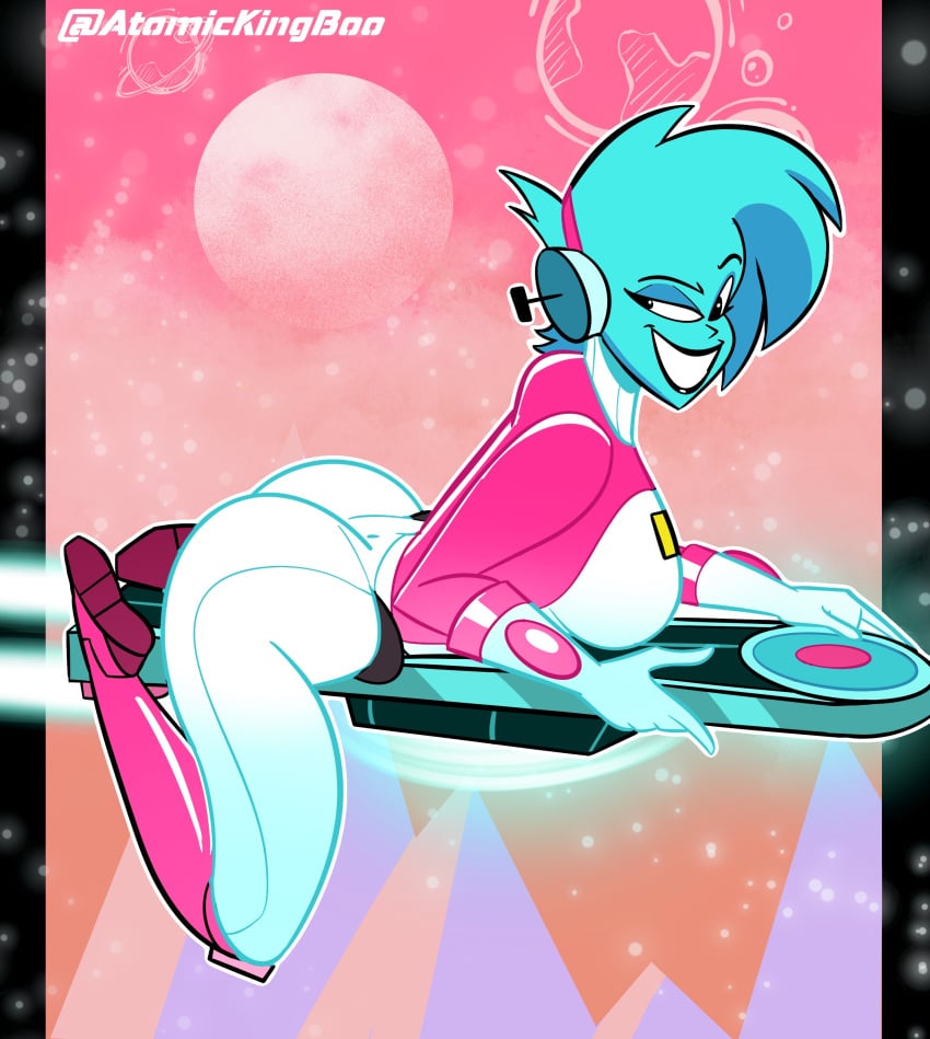 atomickingboo avalyn_storm big_butt blue_skin curvy curvy_figure floating headphones hoverboard laying_on_stomach looking_back original_character scifi smile spacesuit surfboard the_space_angels