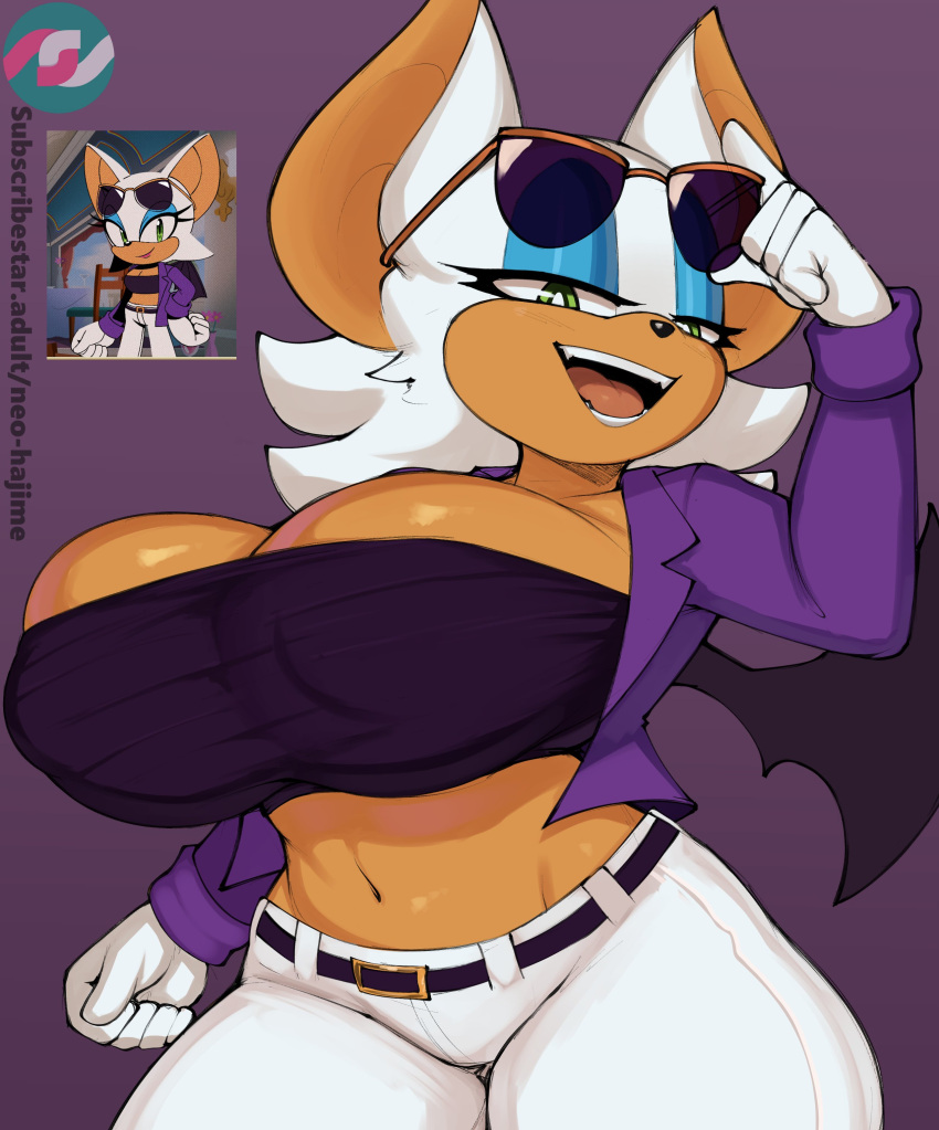 big_breasts black_belt casual_clothes casual_clothing furry furry_female furry_only huge_breasts neo_hajime nipples_visible_through_clothing pants purple_background purple_jacket purple_topwear purple_tube_top rouge_the_bat sega smile sonic_(series) sonic_the_hedgehog_(series) sunglasses sunglasses_on_head the_murder_of_sonic_the_hedgehog toned toned_female white_fur white_gloves white_pants wide_hips