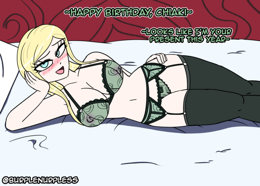 1girls bed black_stockings blonde_hair blue_eyes bow_panties bra breasts burplenurpless danganronpa danganronpa_2:_goodbye_despair english_text female_only garter_belt garter_straps green_bra green_lingerie green_penis hand_on_head hand_on_hip large_breasts laying_on_bed lingerie long_hair looking_at_viewer midriff navel panties pillow see-through see-through_bra sonia_nevermind stockings straight_hair text thighhighs thong