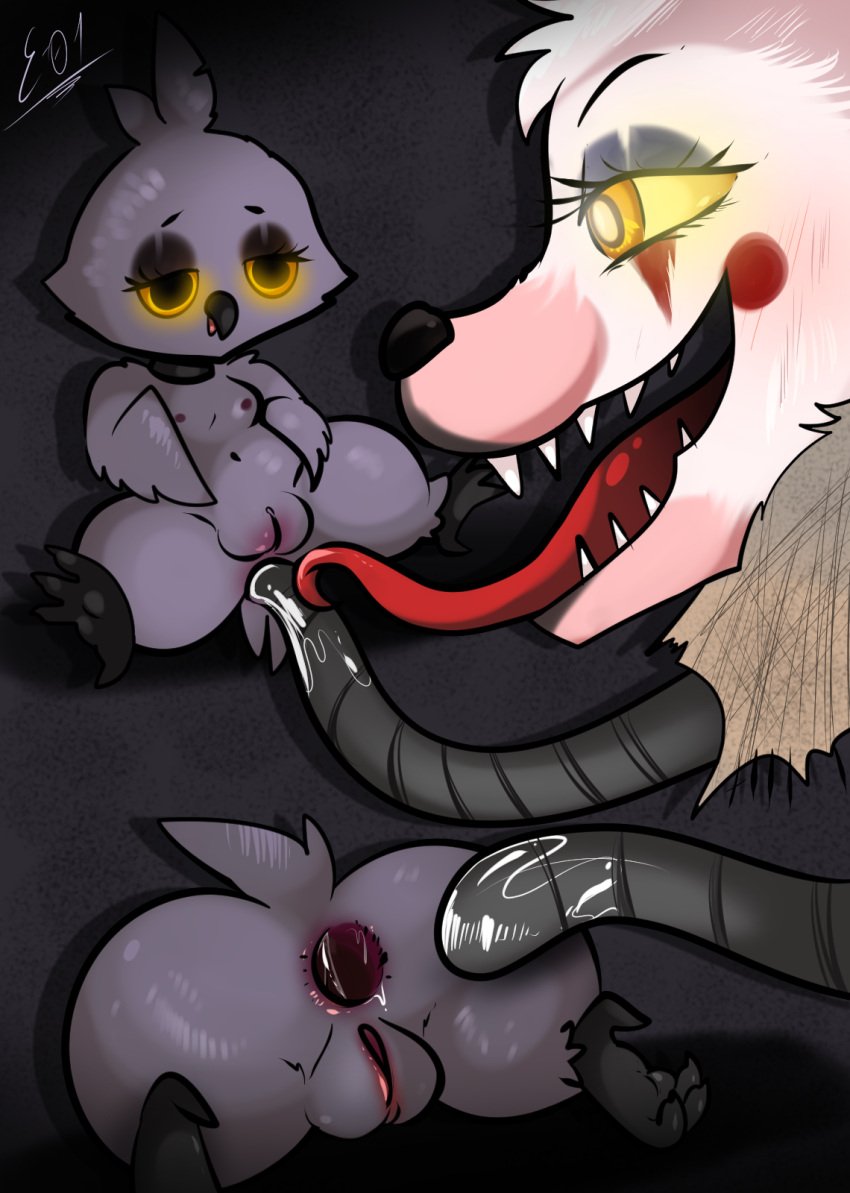 3_toes ambiguous_gender anal anal_sex anilingus animatronic anthro anus areola ass avian barefoot beak bedroom_eyes bird black_nose blush bodily_fluids breasts canid canine cunnilingus digital_media_(artwork) duo e-01 feathers feet female female/ambiguous five_nights_at_freddy's five_nights_at_freddy's_2 fox fur gaping gaping_anus genital_fluids genitals glowing grey_body grey_fur hair hi_res jr's jr’s_(game) machine male male_penetrated male_penetrating mammal mangle_(fnaf) mangle_(jr’s) mangled_mangle_(fnaf) multicolored_body narrowed_eyes nipples nude open_mouth oral owl penetration penile penis pink_body pink_fur pussy robot scottgames seductive sex short_stack simple_background size_difference smile talons teeth tentacle tentacle_penetration tentacle_sex toes tongue tongue_out vaginal_penetration white_body white_fur wings yellow_eyes