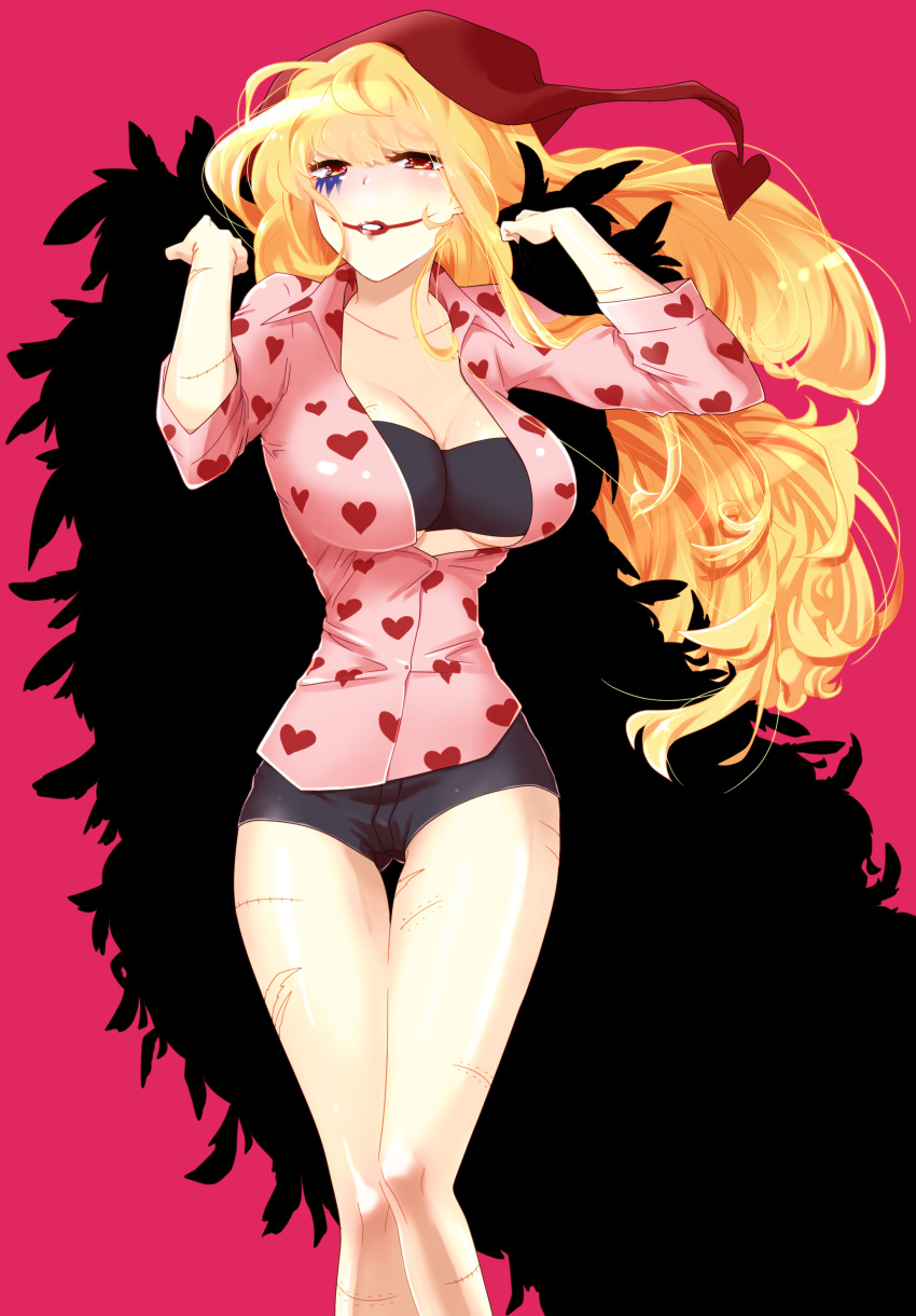 bandeau big_breasts blonde_hair brown_eyes cape chullo cleavage cloak coif donquixote_rosinante facepaint female female_only genderswap_(mtf) hat headwear hourglass_figure lipstick long_hair looking_at_viewer makeup one_piece open_shirt pink_background red_lipstick rule_63 samoko scars short_shorts shorts solo thigh_gap underboob wavy_hair wide_hips