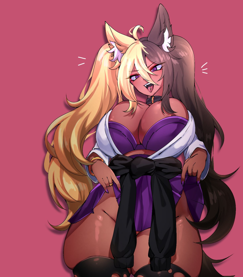 1girls ahoge aife_(zanamaoria) big_breasts blonde_hair brown_hair elradrien eyelashes fangs female female_only fox_ears fox_girl hi_res kemonomimi long_hair looking_at_viewer no_panties open_mouth purple_eyes red_background school_uniform skirt_lift smiling smiling_at_viewer solo thick_thighs thigh_squish thighhighs tongue_out tongue_piercing torn_thighhighs two_tone_hair