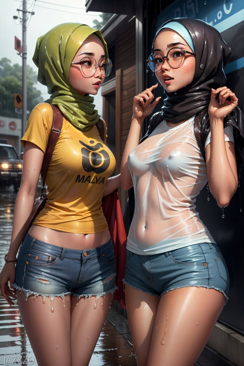 ai_generated belly belly_button city hijab hotpants jazzzo legs muslim night nipples rain round_glasses seethrough_clothing shawl small_breasts stable_diffusion stomach transparent_clothing wet wet_body wet_clothes wet_clothing wet_skin