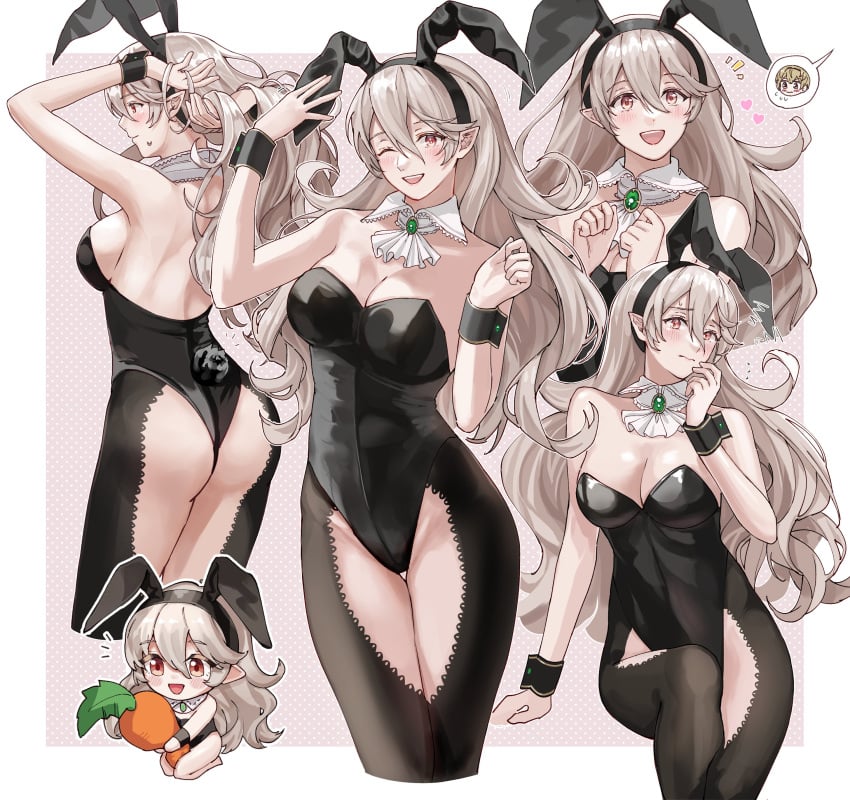 1girls absurdres animal_ears arm_support ass bare_shoulders bare_thighs big_ass blush breasts bunny_ears bunny_girl bunnysuit carrot chibi commentary corrin_(female)_(fire_emblem) corrin_(fire_emblem) corrin_(fire_emblem)_(female) detached_collar fake_animal_ears fake_tail female female_focus fire_emblem fire_emblem_fates from_behind hair_ornament hand_up highres inner_thighs leo_(fire_emblem) leotard long_hair looking_at_viewer medium_breasts multiple_views nintendo one_eye_closed open_mouth pointy_ears rabbit_tail red_eyes simple_background sitting sobasakuhin speech_bubble strapless strapless_leotard sweat sweatdrop symbol-only_commentary tail thighs white_hair wrist_cuffs