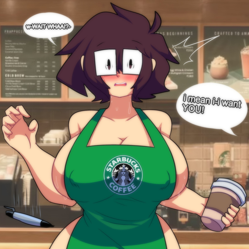 1girls blush breasts brown_hair english_text female female_focus female_only glasses huge_breasts iced_latte_with_breast_milk imminent_sex large_breasts lueduar lueduartv lulú_(lueduar) meme naked_apron offscreen_character short_hair solo solo_female solo_focus speech_bubble starbucks sweat sweatdrop tagme text