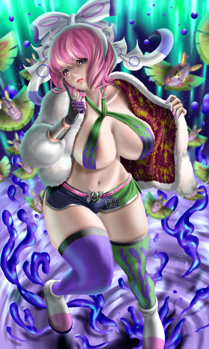 big_breasts bikini bikini_top dustox gloves jacket klara_(pokemon) looking_at_viewer pink_hair ribbon shorts stockings tagme thick_thighs tongue_out undressing unknown_artist