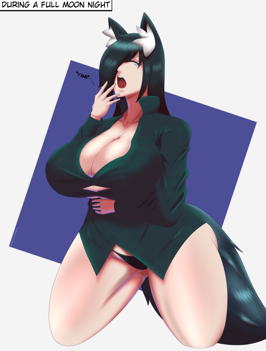 2021 black_hair blue_eyes cleavage dialogue_box english_text female huge_breasts inner_ear_fluff long_hair not_furry onomatopoeia panties roselia_van_blanc shirt solo tired wolf_humanoid wolf_tail yawn