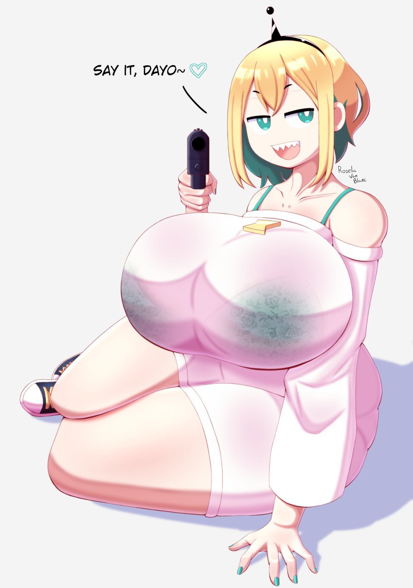 2023 amano_pikamee artist_name big_butt blonde_hair blue_eyes blue_lingerie bra_visible_through_clothes curvy dialogue english_text huge_breasts laying_on_side painted_nails pistol pointing_gun roselia_van_blanc see_through sharp_teeth short_hair talking_to_viewer thick_thighs virtual_youtuber voluptuous voms_project vtuber wide_hips