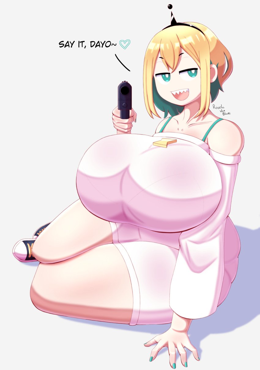 2023 amano_pikamee artist_name big_butt blonde_hair blue_eyes curvy dialogue english_text huge_breasts laying_on_side painted_nails pistol pointing_gun roselia_van_blanc sharp_teeth short_hair talking_to_viewer thick_thighs virtual_youtuber voluptuous voms_project vtuber wide_hips