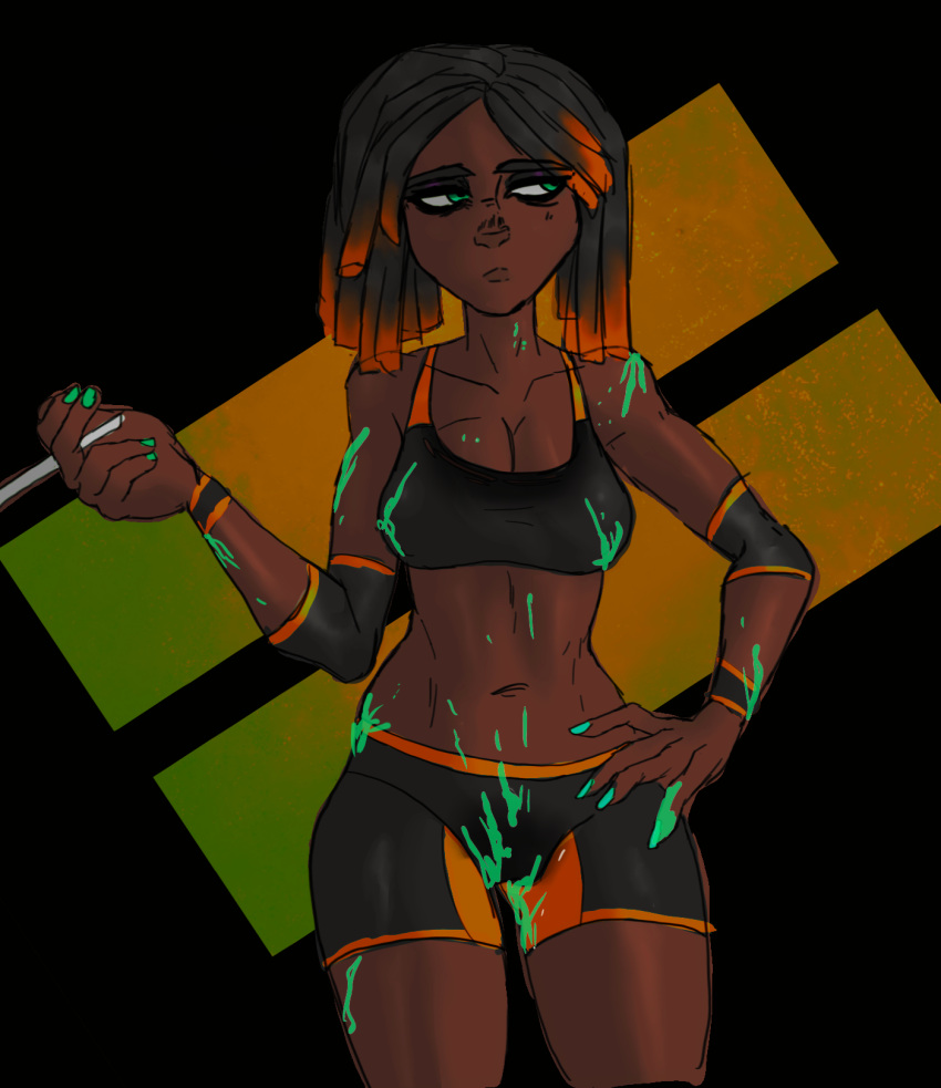 apathetic athletic athletic_female blacklight bored cigarette cottt(artist) dark-skinned_female dark_skin dreadlocks dreads female female_focus female_only green_eyes hand_on_hip large_breasts neon paint paint_on_body painted_nails smoking sports_bra sports_uniform sportswear