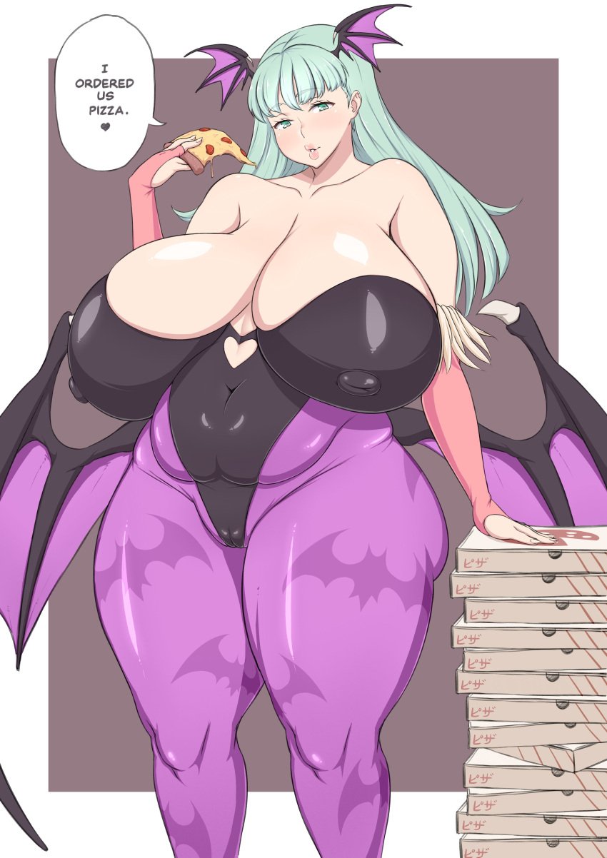 1girls bbw camel_toe clothing darkstalkers erect_nipples erect_nipples_under_clothes gigantic_breasts huge_breasts hyper_thighs large_breasts massive_thighs milkcup morrigan_aensland pizza succubus thunder_thighs