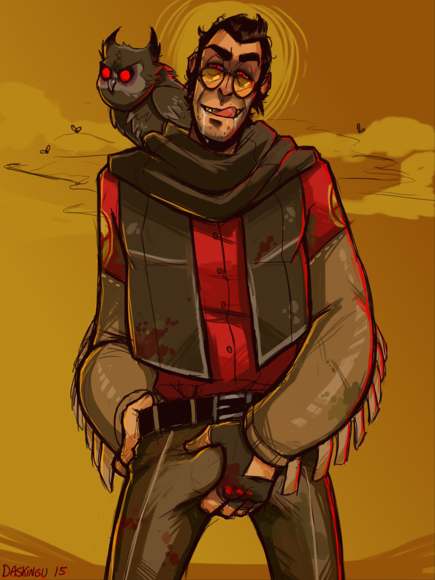 bird bulge daskingu fully_clothed grabbing_bulge licking_lips looking_at_viewer male_only owl pov sniper sniper_(team_fortress_2) team_fortress_2