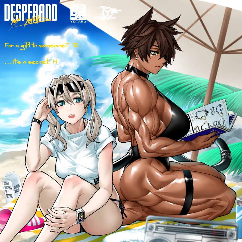 2girls beach biceps big_breasts blonde_hair cat_ears cat_tail catgirl choker dark-skinned_female dark_hair dark_skin hair_over_one_eye kneeling looking_at_viewer mao_(yuto_noirm08) muscular muscular_female muscular_thighs original pale-skinned_female short_hair swimsuit thick_thighs thigh_strap yuto_noirm08