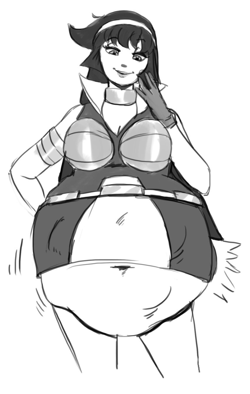 1girls ambiguous_pred belly belly_bulge big_belly black_hair female_pred gloves looking_down smiling smug squirming squirming_gut stretched_clothing thesonier103 vore