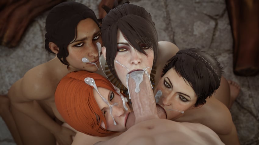 1boy 3d 4girls ball_sucking balls ballsack barefoot black_hair blowjob blowjob_face bluelight brown_hair cassandra_pentaghast climax collaborative_fellatio cooperative_fellatio cum cum_in_mouth cum_inside cum_on_face dark-skinned_female dark_skin double_ball_sucking dragon_age dragon_age_inquisition eye_contact facial_scar fellatio female female_penetrated harem inquisitor_(dragon_age) josephine_montilyet kneeling large_penis leliana light-skinned_female light-skinned_male light_skin looking_at_viewer male male_penetrating_female male_pov morrigan_(dragon_age) multiple_girls nude nude_female nude_male oral oral_penetration oral_sex party_dragonage penis pov red_hair scar sucking_testicles teamwork triple_fellatio