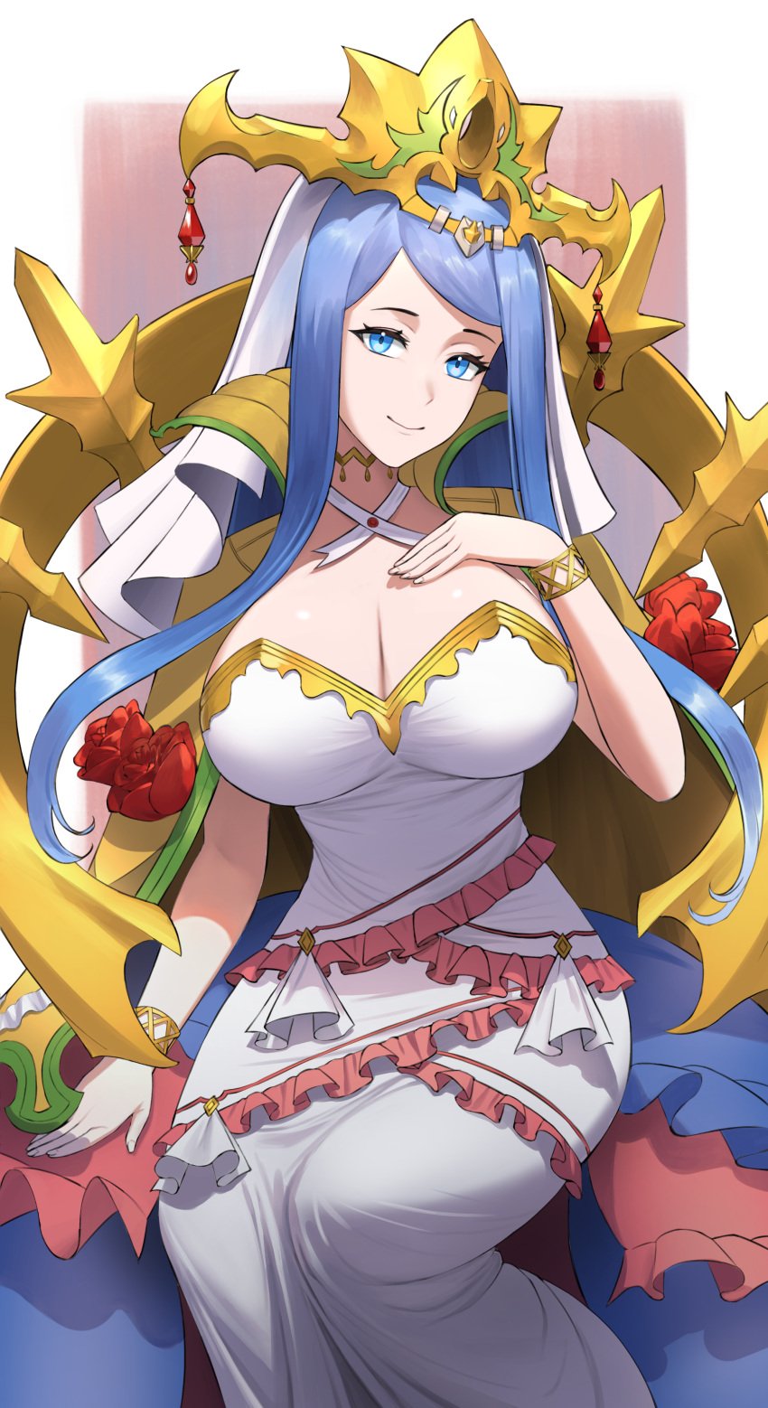 1girls absurdres blue_eyes blue_hair breasts cape cleavage crown dress female female female_only fire_emblem fire_emblem_engage flower hand_on_own_chest headdress highres large_breasts long_hair looking_at_viewer lumera_(fire_emblem) nintendo red_flower shou_illust sitting smile solo white_dress wide_hips yellow_cape