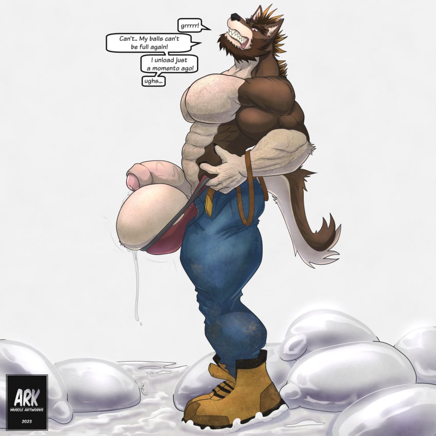 2023 5_fingers abs anthro arekusuwulf ark_(arekusuwulf) arm_hair balls belt big_balls big_muscles big_pecs big_penis body_hair boots bottomwear brown_body brown_fur brown_hair canid canine canis chest_hair clothed clothing condom cum_balloon denim denim_clothing dialogue english_text facial_hair filled_condom fingers flaccid footwear fur genitals hair hairy hi_res huge_balls hyper hyper_balls hyper_genitalia jeans logo looking_down_at_self male mammal meme multicolored_body multicolored_fur multicolored_hair muscular muscular_anthro muscular_male pants pecs penis red_clothing red_eyes red_underwear sexual_barrier_device sharp_teeth solo speech_bubble standing suspenders teeth text tight_pants_(meme) topless topless_anthro topless_male torn_clothing torn_underwear two_tone_body two_tone_fur two_tone_hair underwear vein veiny_penis watermark wolf