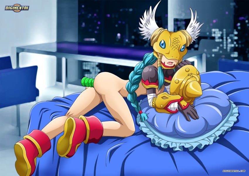 ass bbmbbf braids covered_eyes digihentai digimon digimon_(species) dildo female female_only helmet light-skinned_female light_skin minervamon olympos_xii palcomix sex_toy shield solo teal_hair winged_helmet