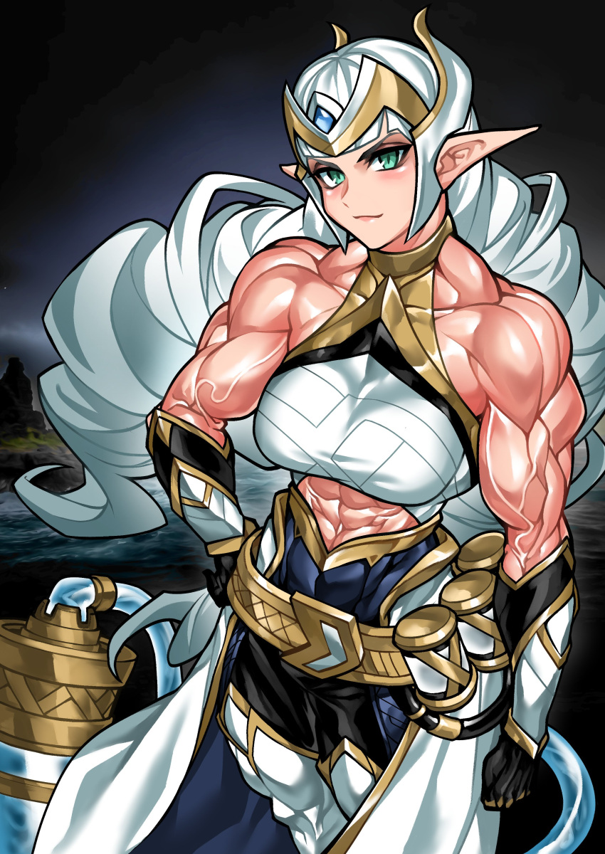 abs animal_tail biceps big_breasts character_request curvy drill_hair elf elf_ears elf_female green_eyes headwear long_hair looking_at_viewer mature_female midriff muscular muscular_arms muscular_female pointy_ears white_background yuto_noirm08