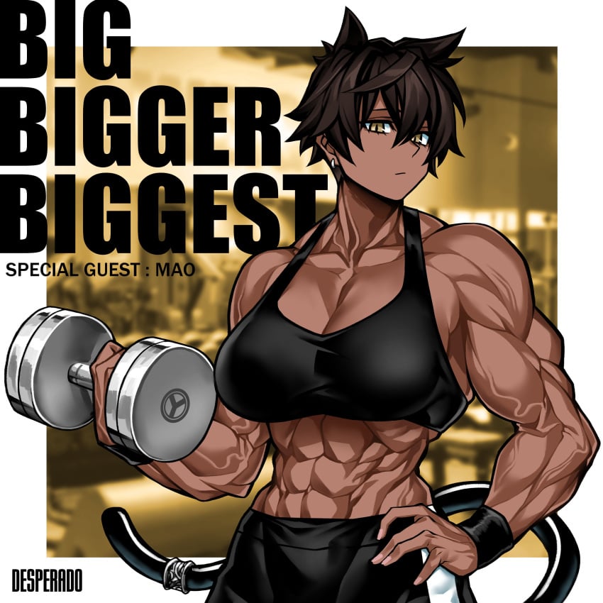 abs biceps big_breasts cat_ears cat_tail catgirl dark-skinned_female dark_hair dark_skin lifting lifting_weights looking_at_viewer mao_(yuto_noirm08) mature_female muscular muscular_female short_hair tank_top workout yellow_eyes yuto_noirm08