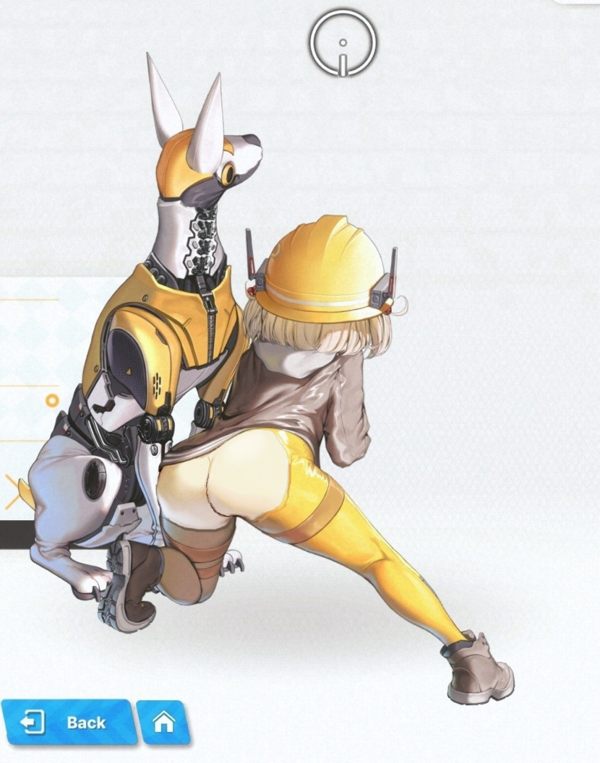 ass ass_cutout bodysuit flat_ass goddess_of_victory:_nikke gun hard_hat liter_(nikke) ripped_clothing skin_tight volt_(nikke)