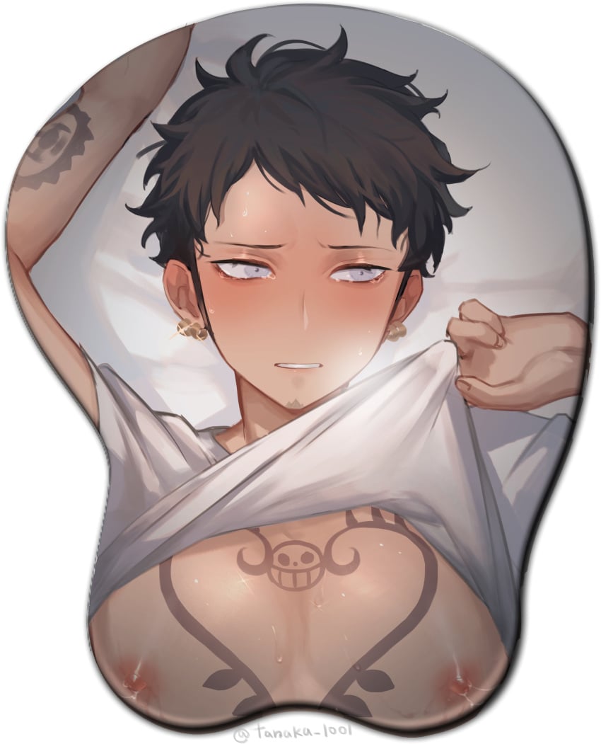 black_hair blush boob_mousepad breath chest_tattoo earrings embarrassed grey_eyes looking_away male male_only mousepad on_back one_piece pecs shirt_lift solo sweat tanaka_1001 tattoo tattoos trafalgar_law upper_body