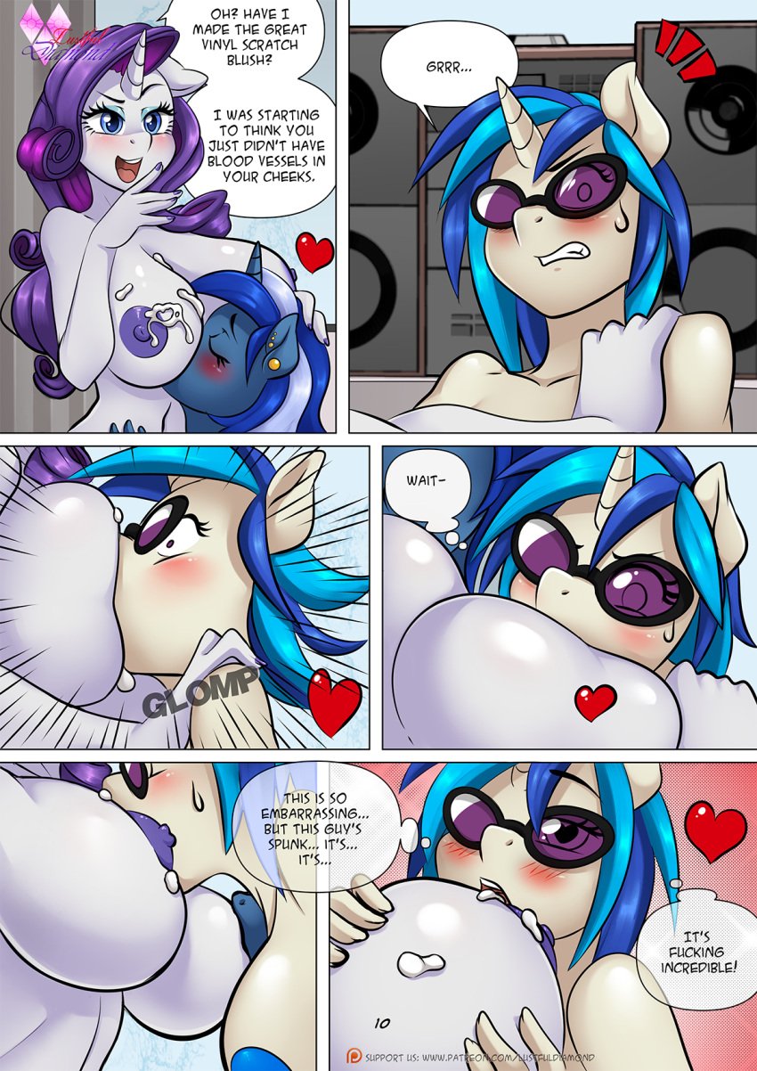 anthro anthrofied areola big_breasts blush bodily_fluids breast_lick breast_play breasts cabrony comic cum cum_on_breasts dialogue english_text equid equine eyewear female female/female friendship_is_magic genital_fluids group hasbro heart hi_res horn licking licking_cum mammal minuette_(mlp) my_little_pony nipples nude page_10 pia-sama purple-tinted_eyewear rarity_(mlp) straight_hair sunglasses text tinted_eyewear tongue tongue_out trio unicorn vinyl_scratch_(mlp)