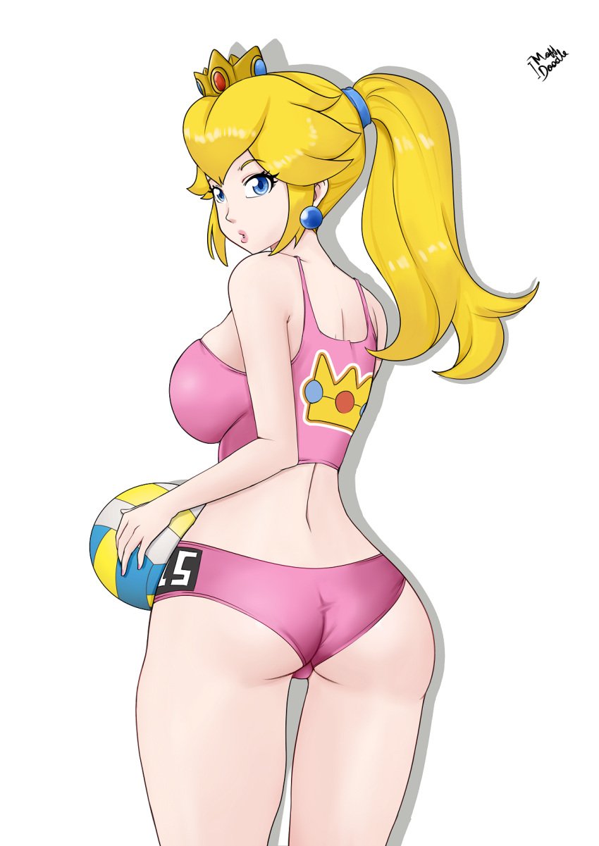 1girls artist_name ass big_ass big_breasts blonde_hair blue_eyes breasts busty chronosth1 female female_only gummslime large_breasts legs looking_at_viewer looking_back mario_(series) midriff nintendo pink_lips ponytail princess princess_peach shorts sideboob solo tank_top thighs volleyball voluptuous