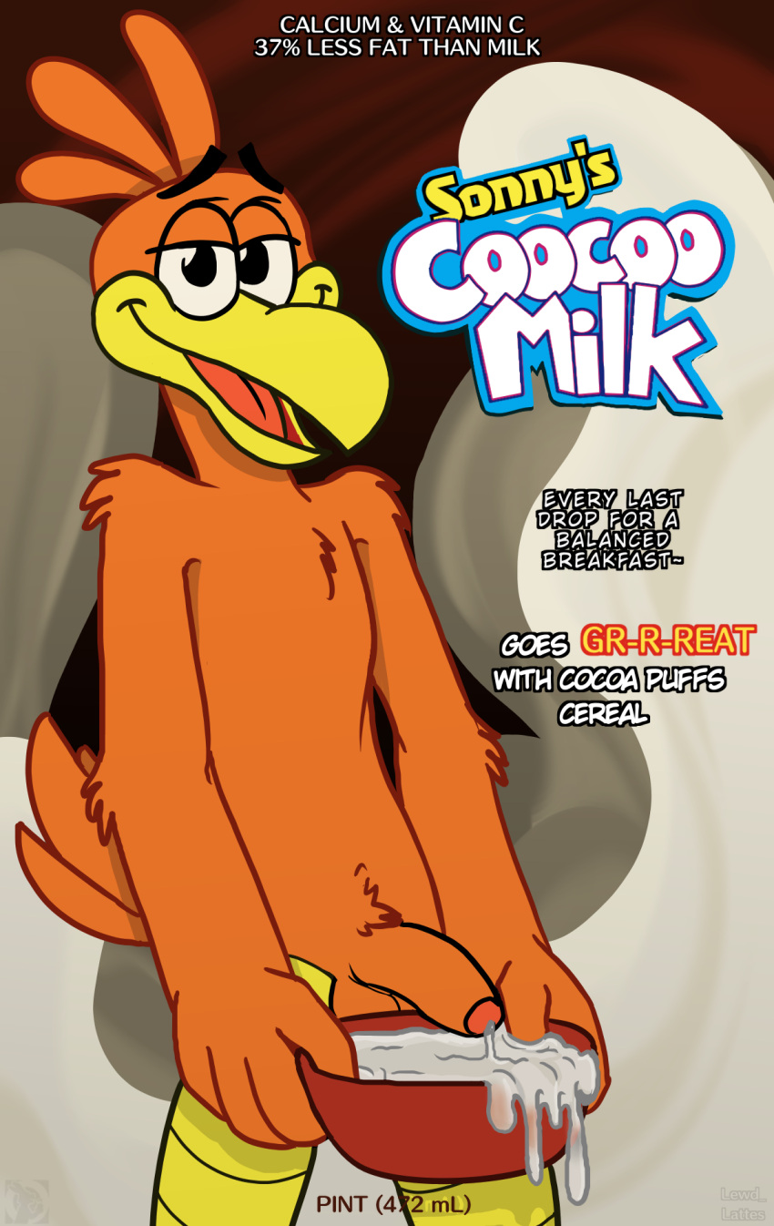 anthro avian beak bedroom_eyes bird bodily_fluids bowl cocoa_puffs container cum cum_in_bowl dairy_products feathers food general_mills genital_fluids hi_res lewd_latte male male_only mascot milk narrowed_eyes orange_body orange_feathers seductive smile smirk solo sonny_the_cuckoo_bird