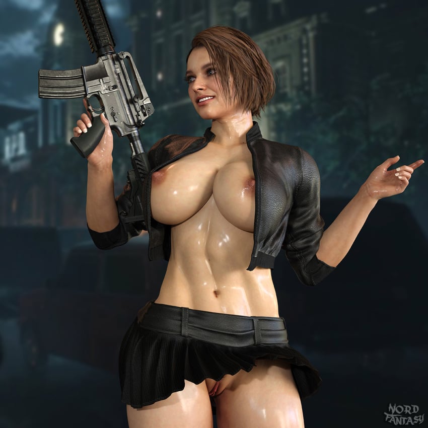 1girls 3d abs areolae athletic athletic_female bare_midriff big_breasts blue_eyes breasts breasts_out brown_hair busty capcom cropped_jacket erect_nipples female female_focus female_only going_commando hourglass_figure jacket jill_valentine jill_valentine_(sasha_zotova) labia large_breasts microskirt miniskirt muscle_tone navel nipples nordfantasy pussy resident_evil resident_evil_3 resident_evil_3_remake short_hair skimpy skimpy_clothes skirt sleeves_rolled_up solo standing tagme toned toned_female vagina wide_hips