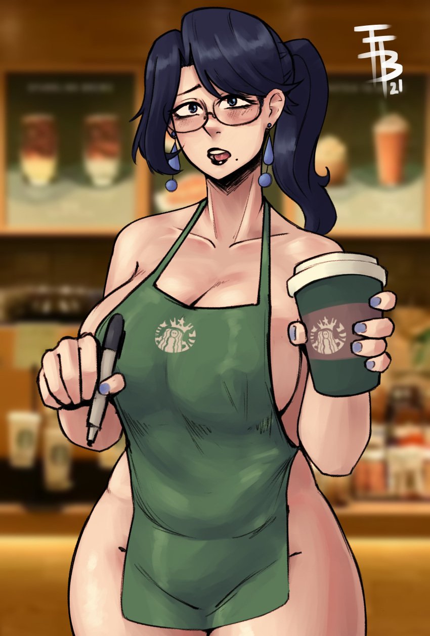 1girls apron apron_only barista black_hair blue_eyes blurry_background cleavage coffee_cup glasses large_breasts looking_at_viewer meme meme_attire meme_clothing mommy naked_apron ponytail starbucks titobeansz wide_hips