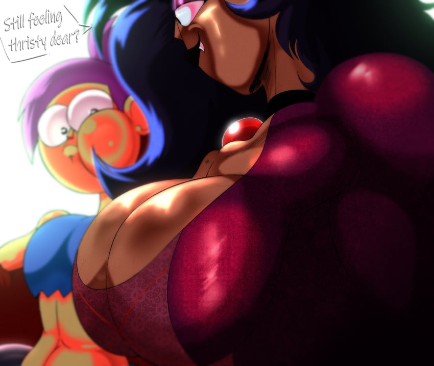 2girls big_breasts black_hair black_lipstick cartoon_network ceegee choker cleavage dark-skinned_female dark-skinned_male dark_skin dialogue enid female female_only girl_staring_at_guy's_chest incest large_breasts lipstick looking_at_another looking_at_breasts meme milf mother mother_and_daughter navel ok_k.o.!_let's_be_heroes pink_hair text text_bubble wilhamena