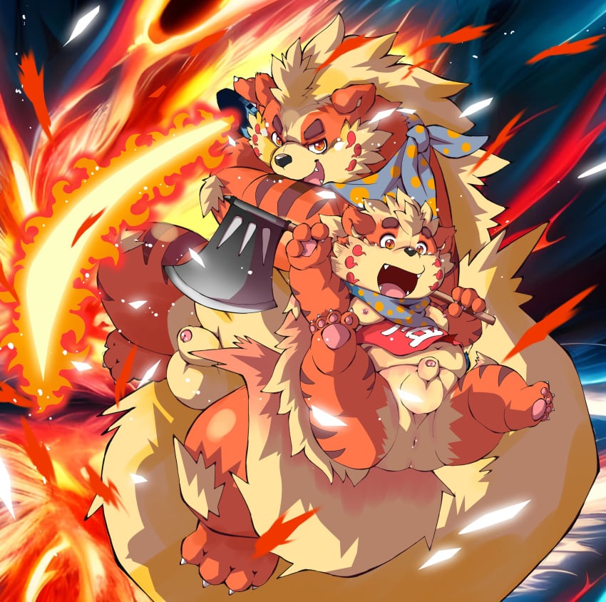 abstract_background absurd_res action_pose anthro anus axe balls bandana belly black_stripes chibineco countershading duo elemental_manipulation felid fire fire_manipulation flaccid flaming_sword fur genitals hi_res holding_object holding_weapon kerchief looking_at_viewer male mammal melee_weapon navel nude orange_body orange_fur overweight overweight_anthro overweight_male pantherine pawpads paws penis pose size_difference striped_body striped_fur stripes sword tail tan_body tan_fur tiger weapon