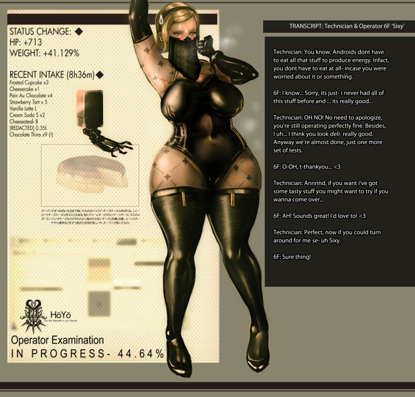 1girls art_jaguar bbw big_breasts breasts chubby clothing english_text female hairband jaguarart light-skinned_female light_skin nier nier:_automata operator_6o standing text thick thick_thighs weight_gain